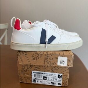 Veja Kids White Sneakers with Navy and Red Accents